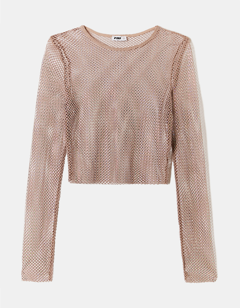 TALLY WEiJL, Beige Net Cropped Top With Strass for Women